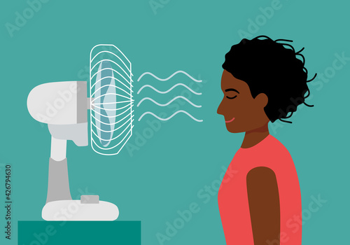 Black woman with electric fan blowing in flat design. She exhausted of hot summer day. Tired female need wind blow.