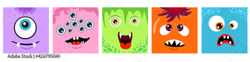 Abstract faces. Monsters square emotional face, monsters emoticons. Bright diverse cartoon monsters muzzles vector set