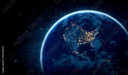 Fototapeta Naklejka Na Ścianę i Meble -  Planet earth globe view from space showing realistic earth surface and world map as in outer space point of view . Elements of this image furnished by NASA planet earth from space photos.