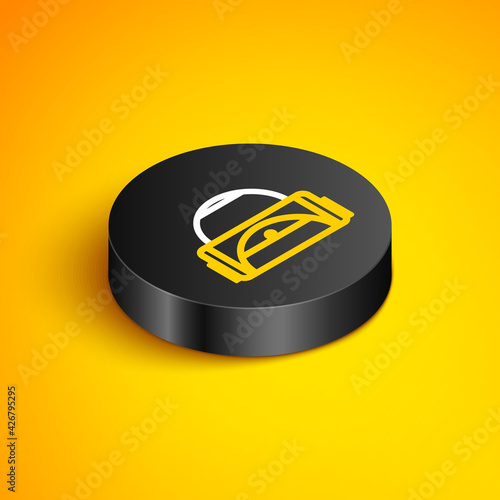Isometric line Sport bag icon isolated on yellow background. Black circle button. Vector