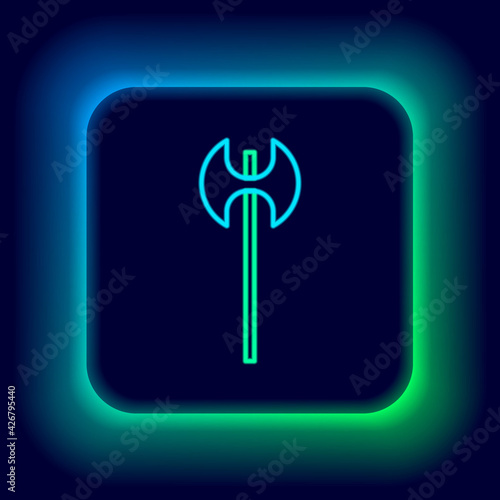 Glowing neon line Medieval axe icon isolated on black background. Battle axe, executioner axe. Medieval weapon. Colorful outline concept. Vector