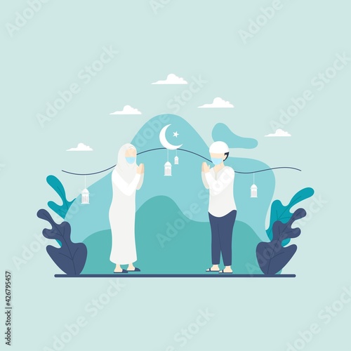 Muslim man and women using mask for shake hand with physical distancing flat illustration design. Eid mubarak greeting card flat illustration design with trendy color background.