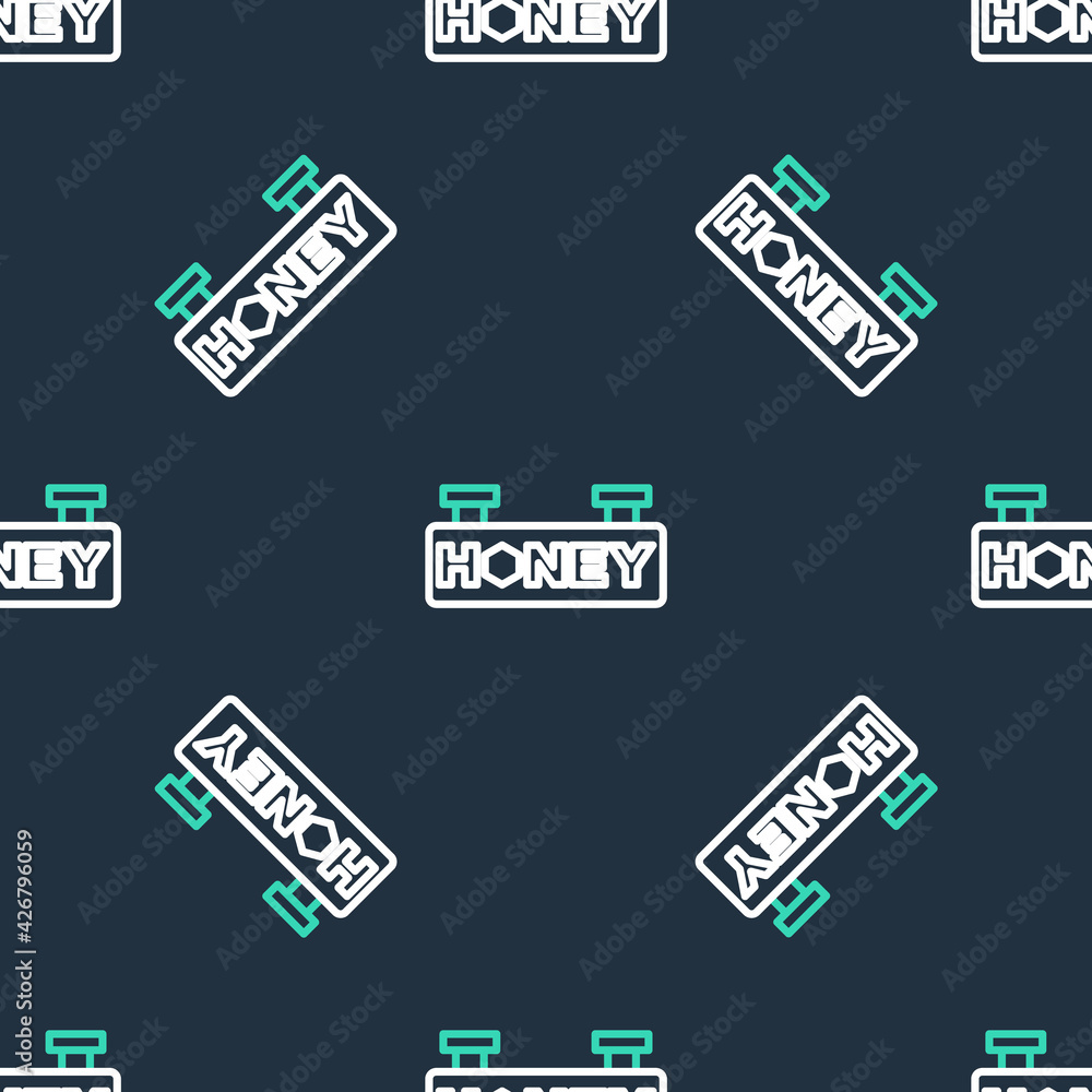 Line Hanging sign with honeycomb isolated seamless pattern on black background. Signboard icon. Honey cells symbol. Sweet natural food. Vector Line Hanging sign with honeycomb isolated seamless pattern on black background. Signboard icon. Honey cells symbol. Sweet natural food. Vector