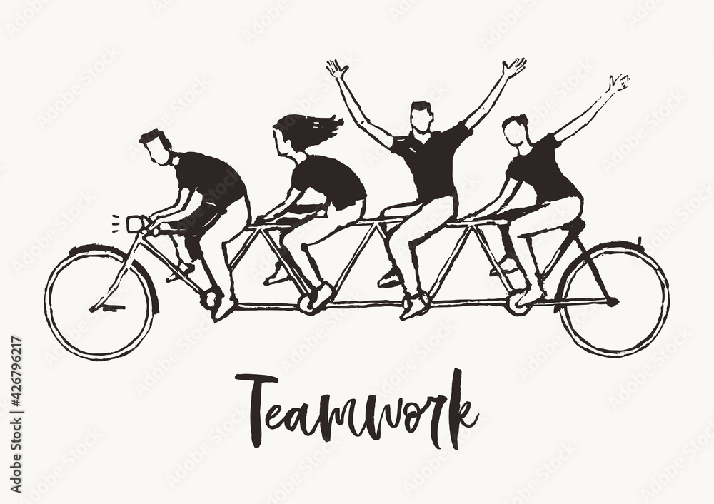 Obraz premium Happy young people bike together teamwork vector