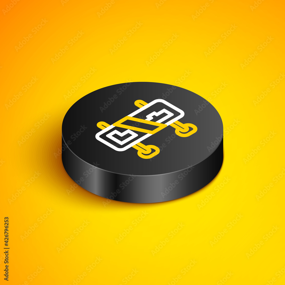 Isometric line Road traffic sign. Signpost icon isolated on yellow background. Pointer symbol. Isolated street information sign. Direction sign. Black circle button. Vector Isometric line Road traffic sign. Signpost icon isolated on yellow background. Pointer symbol. Isolated street information sign. Direction sign. Black circle button. Vector