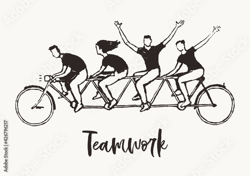 Happy young people bike together teamwork vector