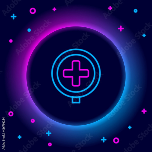 Glowing neon line Hospital road traffic icon isolated on black background. Traffic rules and safe driving. Colorful outline concept. Vector