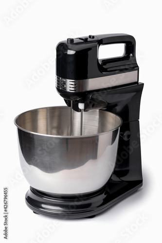 black kitchen mixer with metal bowl on white insulated background