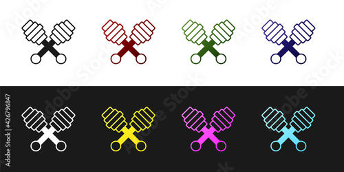 Set Honey dipper stick icon isolated on black and white background. Honey ladle. Vector