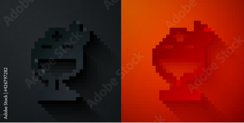 Paper cut Ice cream in the bowl icon isolated on black and red background. Sweet symbol. Paper art style. Vector