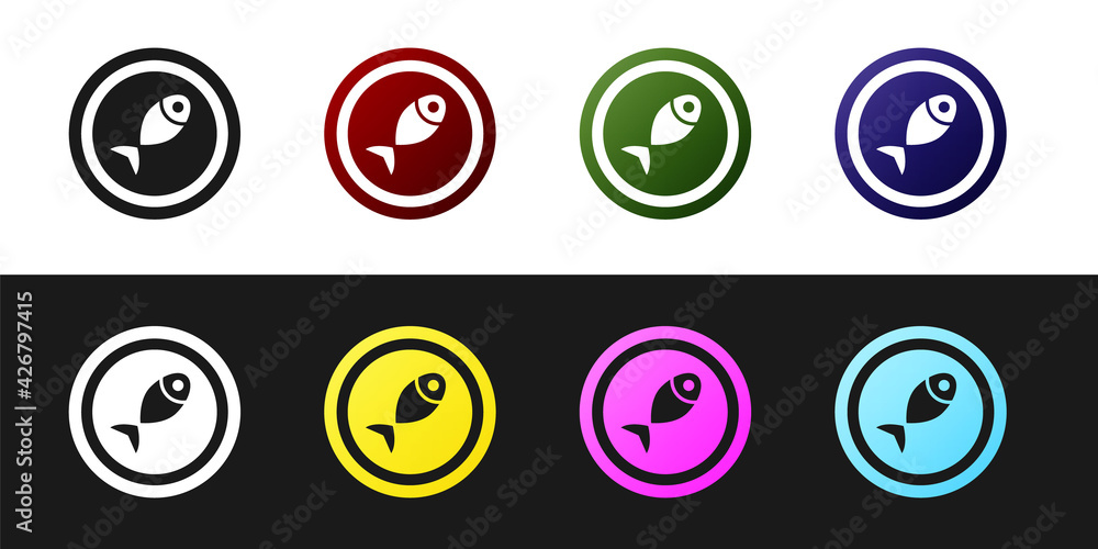 Set Served fish on a plate icon isolated on black and white background. Vector Set Served fish on a plate icon isolated on black and white background. Vector