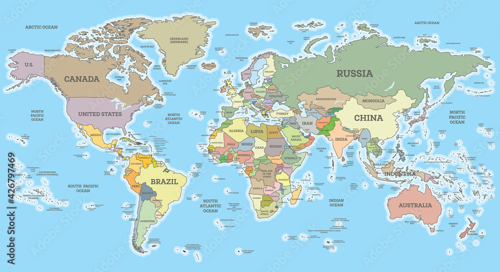 World Map with Borders and Countries. Cylindrical Projection.