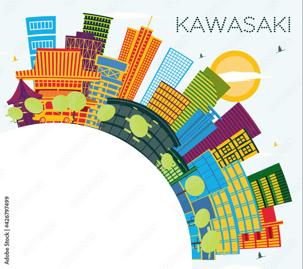 Kawasaki Japan City Skyline with Color Buildings, Blue Sky and Copy Space.