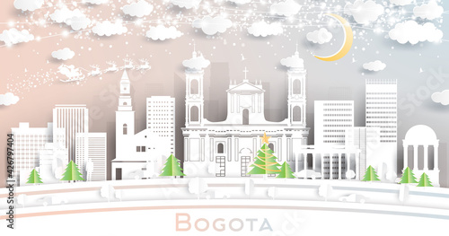 Bogota Colombia City Skyline in Paper Cut Style with Snowflakes  Moon and Neon Garland.