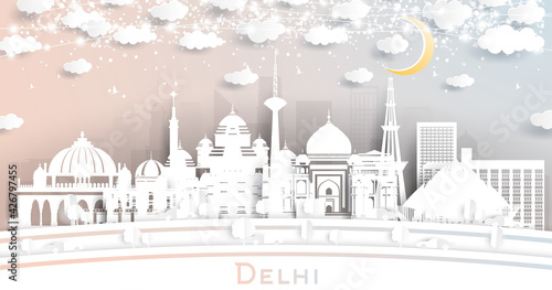 Delhi India City Skyline in Paper Cut Style with White Buildings, Moon and Neon Garland. © BooblGum
