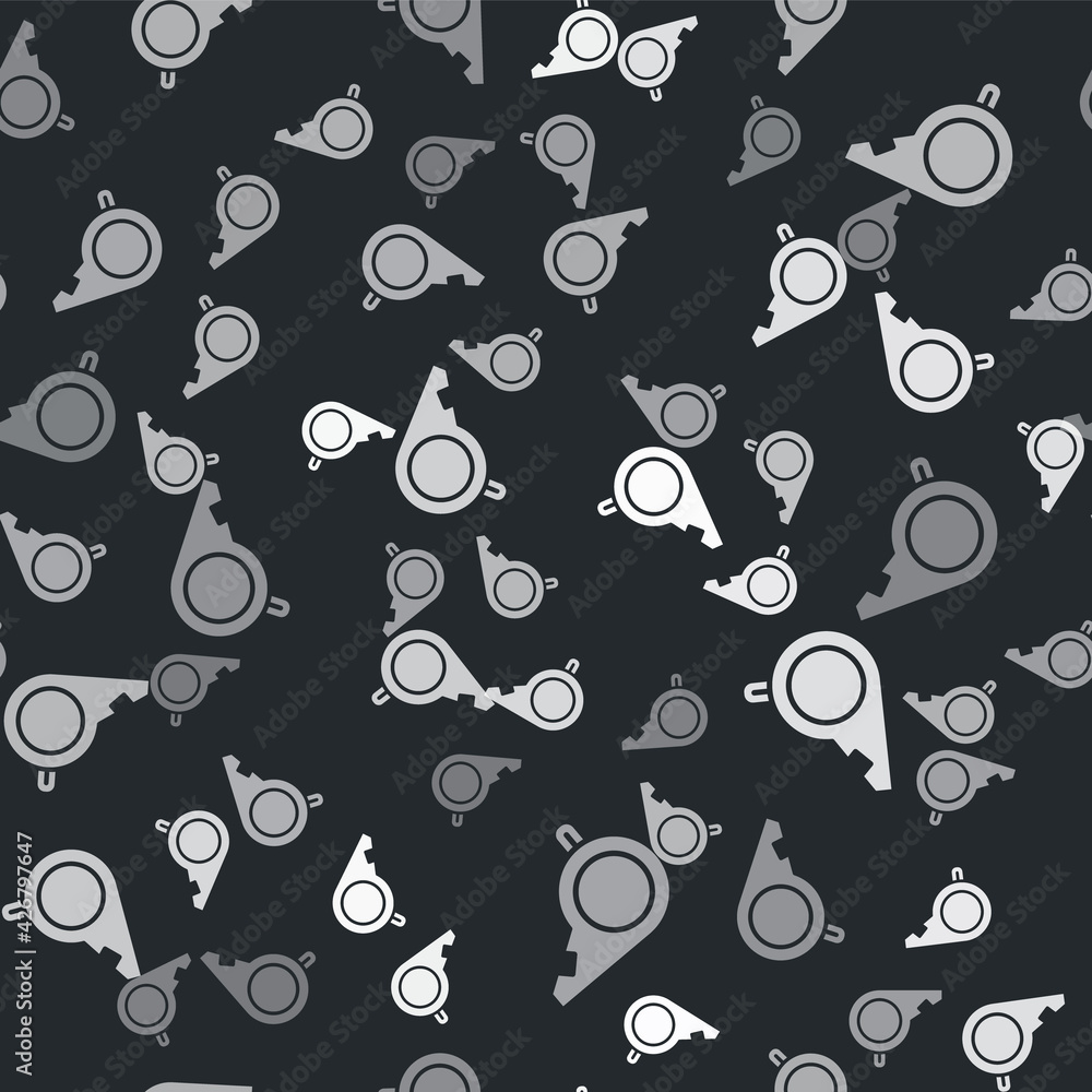 Grey Whistle icon isolated seamless pattern on black background. Referee symbol. Fitness and sport sign. Vector Grey Whistle icon isolated seamless pattern on black background. Referee symbol. Fitness and sport sign. Vector