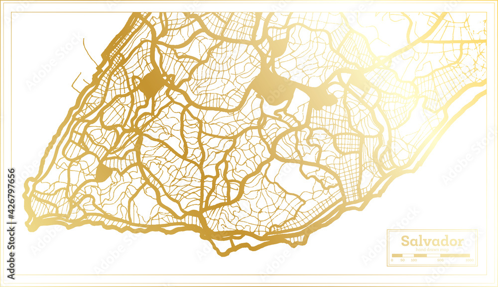 Salvador Brazil City Map in Retro Style in Golden Color. Outline Map.