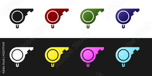 Set Whistle icon isolated on black and white background. Referee symbol. Fitness and sport sign. Vector