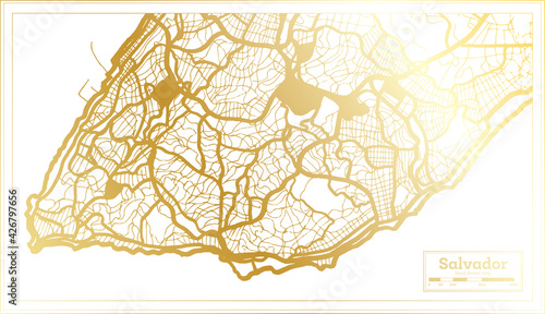 Salvador Brazil City Map in Retro Style in Golden Color. Outline Map.