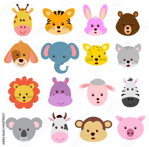 Cartoo faces of wild and farm animals Animal head stickers