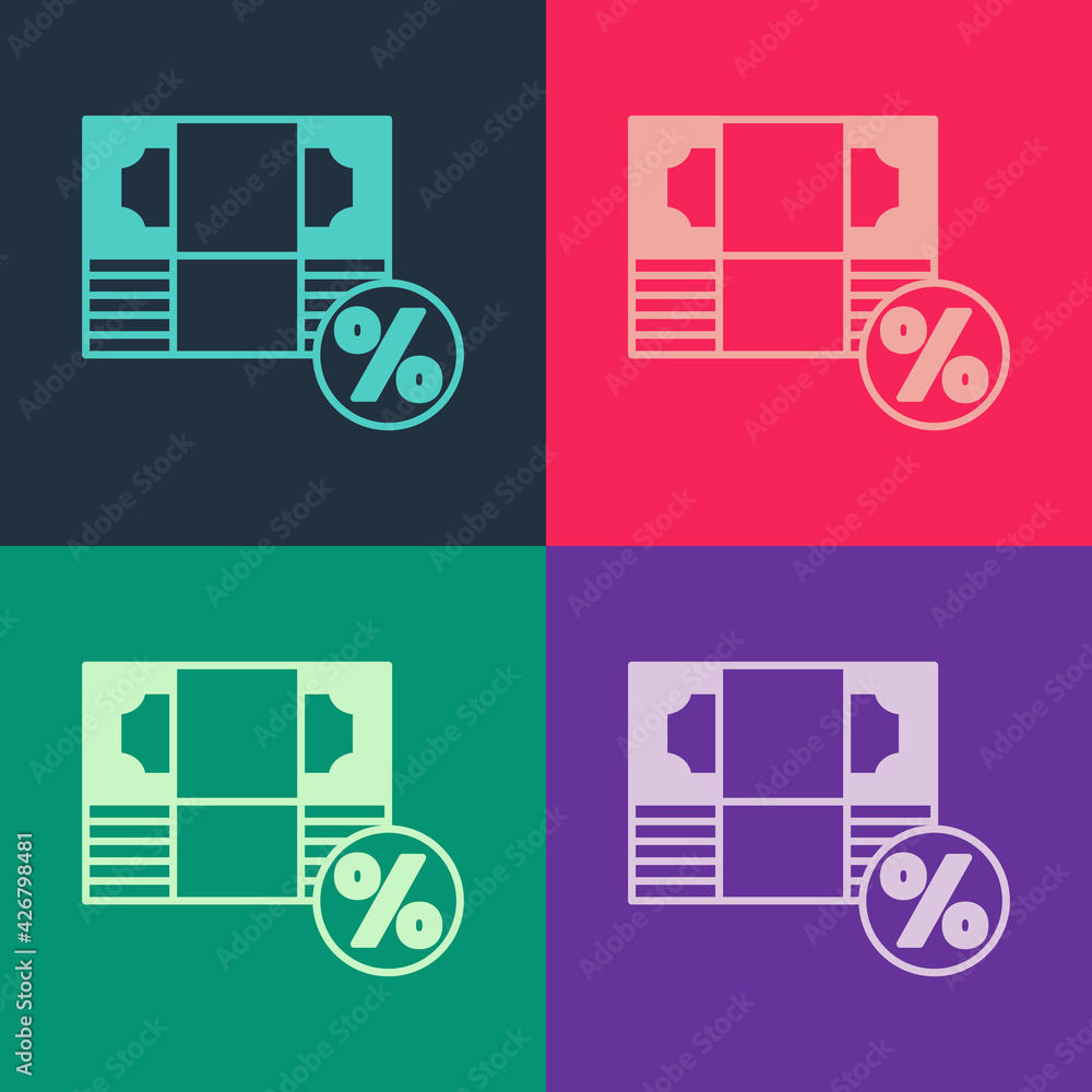 Pop art Money percent icon isolated on color background. Percent loyalty wallet sign. Vector Pop art Money percent icon isolated on color background. Percent loyalty wallet sign. Vector
