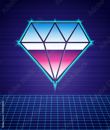 Retro style Diamond icon isolated futuristic landscape background. Jewelry symbol. Gem stone. 80s fashion party. Vector