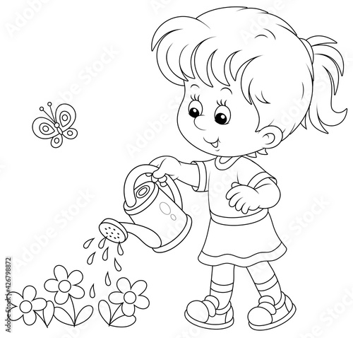 Happy little girl watering garden flowers on a small flowerbed on a warm summer day, black and white vector cartoon illustration for a coloring book page