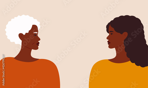 Happy mother's day, black mother and daughter concept. Side view of black senior mother and her daughter look at each other. Young woman looks at her mature version. Vector illustration in flat style.