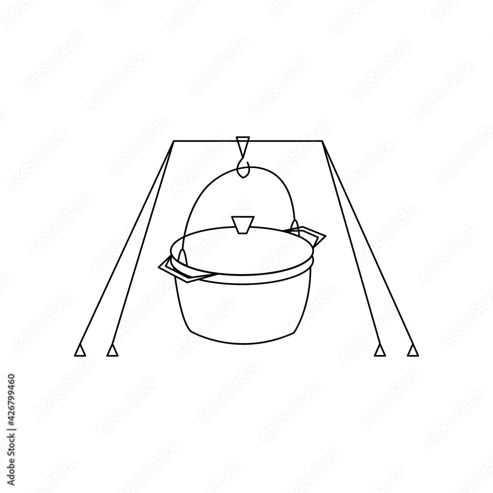 Linear black white cauldron icon. Can be used as a sticker, symbol or sign. Simple stock vector illustration isolated on white background. Outline pot for cooking, hiking, traveling, outdoors eating Linear black white cauldron icon. Can be used as a sticker, symbol or sign. Simple stock vector illustration isolated on white background. Outline pot for cooking, hiking, traveling, outdoors eating