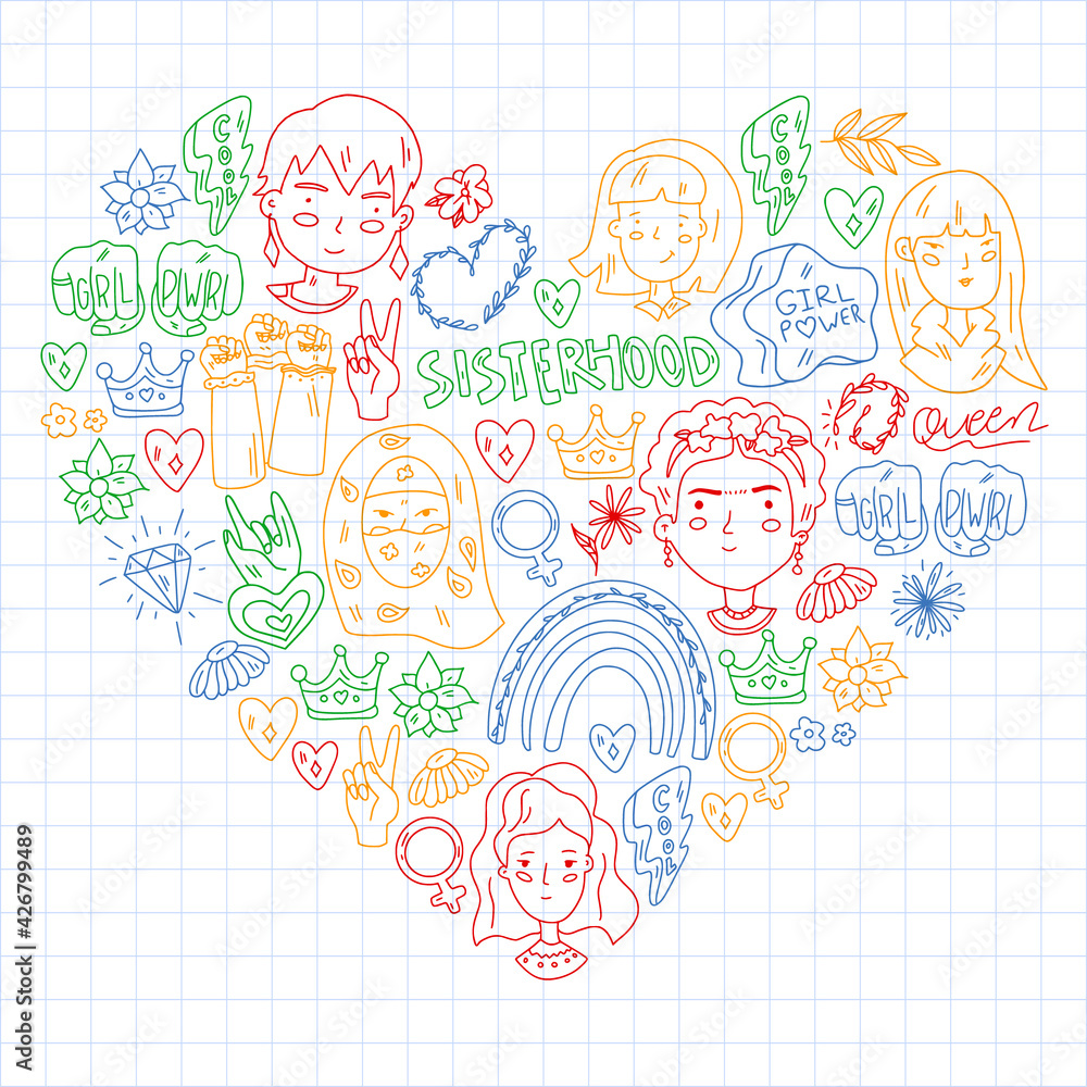 Fototapeta premium Woman international day 8 march. Girl Power. Feminism concept. Vector pattern. Sticker, patch graphic design.