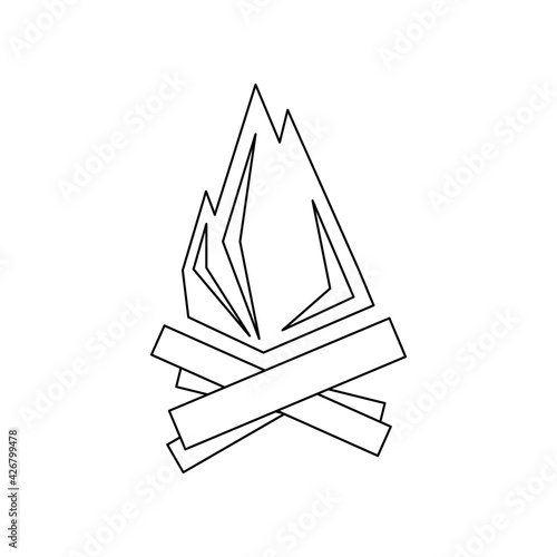 Linear black white bonfire icon. Can be used as a sticker, symbol or sign. Simple stock vector illustration isolated on white background. Bonfire to keep warm for hiking. Outline firewood, flame, fire