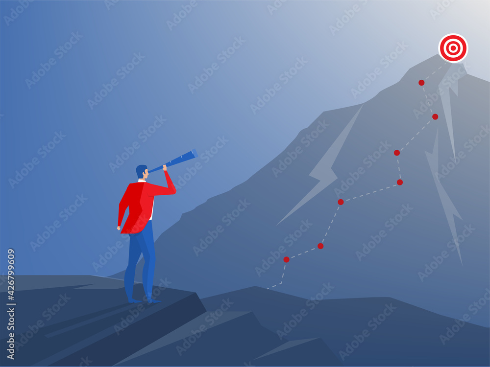 businessman standing on top of cliff with telescope.vision Strategy, planning,business concept businessman standing on top of cliff with telescope.vision Strategy, planning,business concept