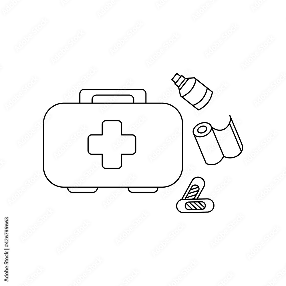 Linear black white first aid kit icon. Can be used as a sticker, symbol, sign. Simple stock vector illustration isolated on white background. Outline compact medical first aid for hiking and traveling Linear black white first aid kit icon. Can be used as a sticker, symbol, sign. Simple stock vector illustration isolated on white background. Outline compact medical first aid for hiking and traveling