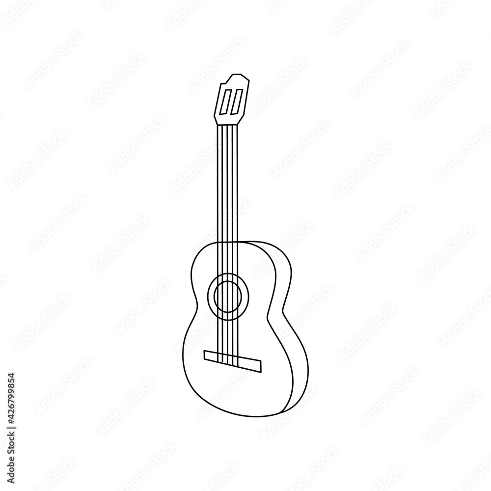 Fototapeta premium Linear black white guitar icon. Can be used as a sticker, symbol or sign. Simple stock vector illustration isolated on white background. Outline guitar for hiking and traveling, relaxation with music.