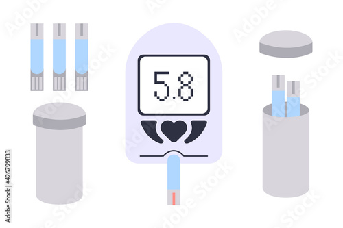 Electronic glucometer set - device for self-determination of blood glucose levels. Diagnostic medical testing tool for people with diabetes. Simple flat glucometer and standard test strips in package.