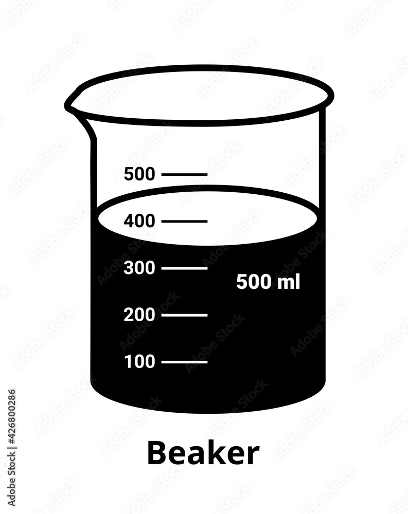 Vector line or outline black and white icon of a chemical beaker filled with liquid fluid – solvent or chemicals, isolated on a white background. Full laboratory glassware, 500 ml volume with scale. Vector line or outline black and white icon of a chemical beaker filled with liquid fluid – solvent or chemicals, isolated on a white background. Full laboratory glassware, 500 ml volume with scale.