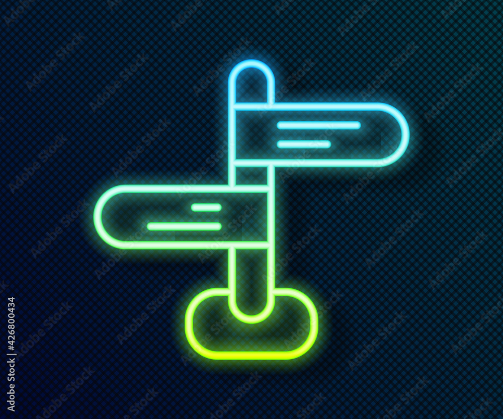 Glowing neon line Road traffic sign. Signpost icon isolated on black background. Pointer symbol. Isolated street information sign. Direction sign. Vector Glowing neon line Road traffic sign. Signpost icon isolated on black background. Pointer symbol. Isolated street information sign. Direction sign. Vector