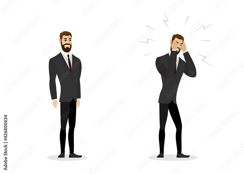 Happy healthy successful prosperous calm contented businessman and sick stressful frustrated business person with migraine, headache and work problems. Professional career compare eps illustration Happy healthy successful prosperous calm contented businessman and sick stressful frustrated business person with migraine, headache and work problems. Professional career compare eps illustration
