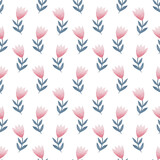 Watercolor seamless pattern of pink flowers in folk style.