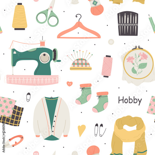 Vector Seamless Pattern with Knitting, Sewing Tools and Clothing in Flat style.Hand Drawn Equipment for Needlework,Handmade,Hobby.