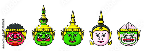 Set of Ramayana face mask in Thai culture dancing drawing  isolated vector. Hand drawn object illustration for your presentation, teaching materials or others.