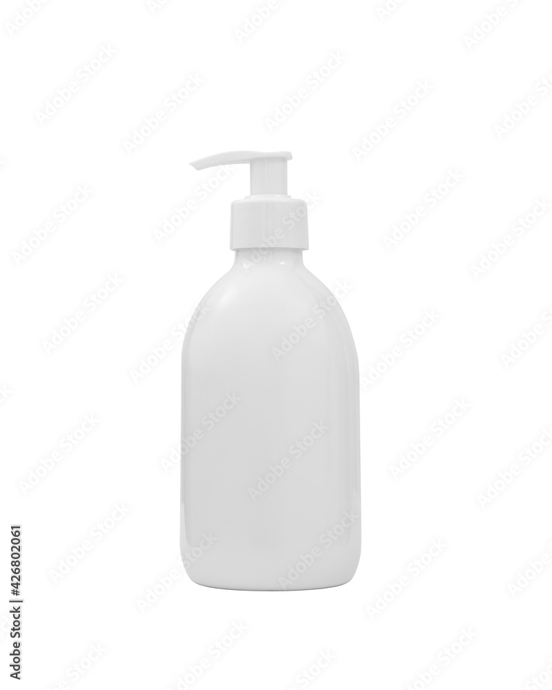 White plastic bottle with pump dispenser isolated on white background. Cosmetic packaging mock up. Beauty product, cream or body lotion. White plastic bottle with pump dispenser isolated on white background. Cosmetic packaging mock up. Beauty product, cream or body lotion.