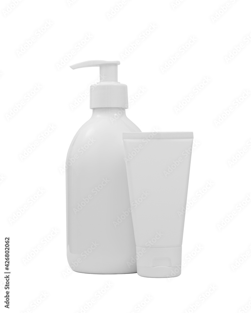 Cosmetic bottle with pump dispenser and cream tube isolated on white background. Beauty products packaging mock up. White plastic cosmetic containers. Cosmetic bottle with pump dispenser and cream tube isolated on white background. Beauty products packaging mock up. White plastic cosmetic containers.