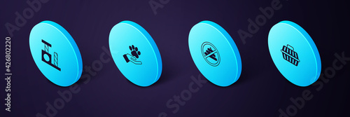 Set Isometric Pet carry case, No shit, Hands with animals footprint and Cat scratching post icon. Vector