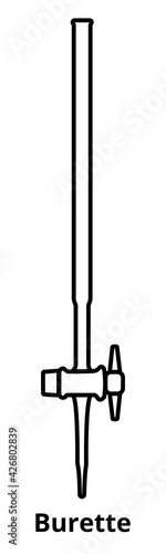 Vector line or outline black and white icon of burette with a stopcock used in analytical chemistry for titrimetry, titration. Volumetric measuring glassware isolated on a white background.