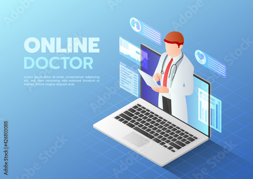 Isometric Web Banner Doctor doing Online Diagnose on The Computer Laptop Screen