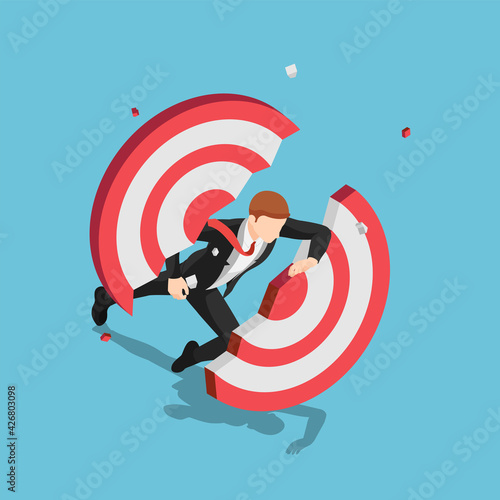 Isometric Businessman Dashing Through and Breaking Target
