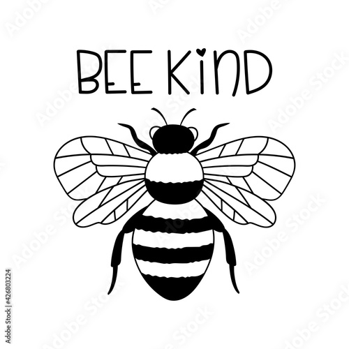 Bee Kind. Outline drawing. Line vector illustration. Isolated on white background. Good for posters, t shirts, postcards.