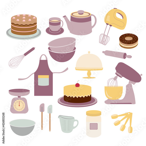 Baking tools, set of utensils kitchenware. 