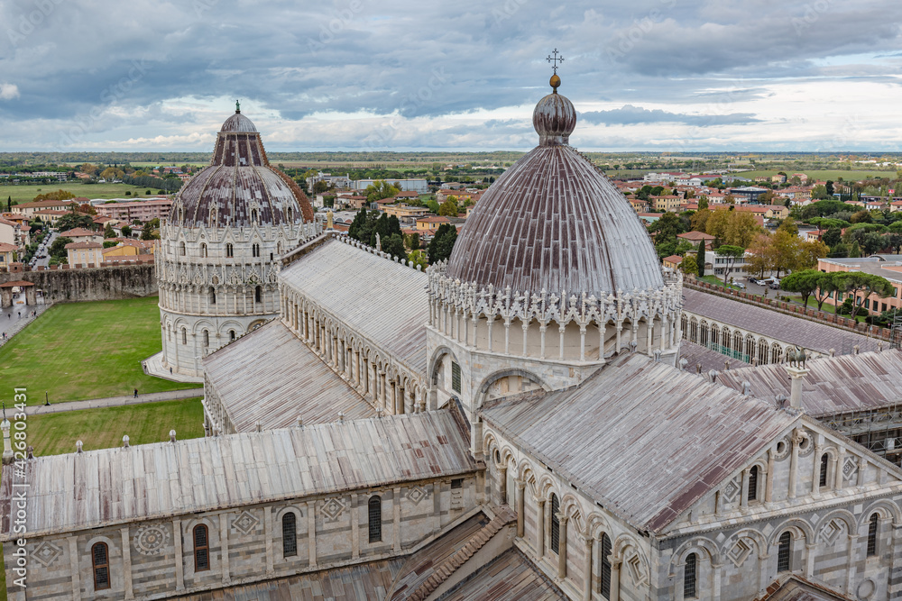 View of The Pisa Cathedral (Duomo di Pisa) from the top of the leaning tower in Pisa, Italy